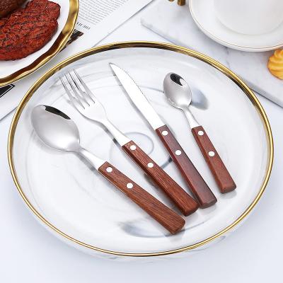 China Sustainable Food Grade Stainless Steel Silverware Restaurant Hotel Knife Fork Spoon Flatware Set With Wooden Handle for sale