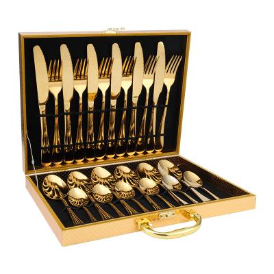 China Sustainable Hot Sale Luxury Gold Case 24 Pcs Stainless Steel Wooden Flatware Sets For Wedding for sale