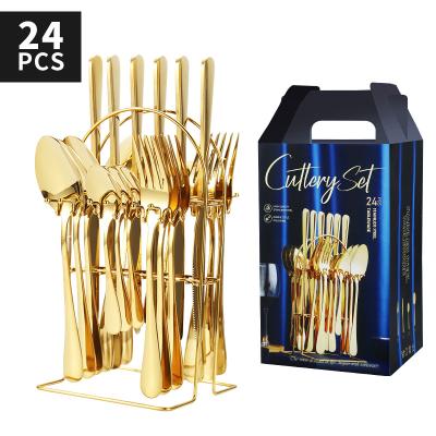 China 24pcs Gold Sustainable Hot Selling Stainless Steel Flatware Luxury Cutlery Set With Stand for sale