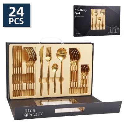 China Viable Hot Selling 24 Pcs Portuguese Dinnerware Sets Factory Wholesale Matte Gold Cutlery Flatware Sets For Wedding for sale