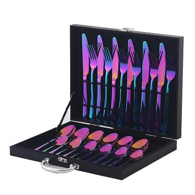 China Hot Sale Luxury Black Wooden Case Stainless Steel Rainbow 24pcs Cutlery Sets Viable For Wedding for sale