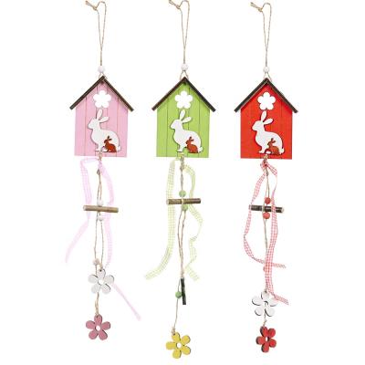 China Reusable Wooden Rabbit House Easter Hanging Ornaments For Outdoor Garden Window Tree Decoration for sale