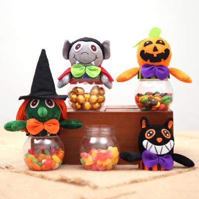 China Cute Clear Plastic Festival Decoration Pick Halloween Party Candy Jars With Black Pumpkin Witch Cat Doll Head Halloween Decorate for sale