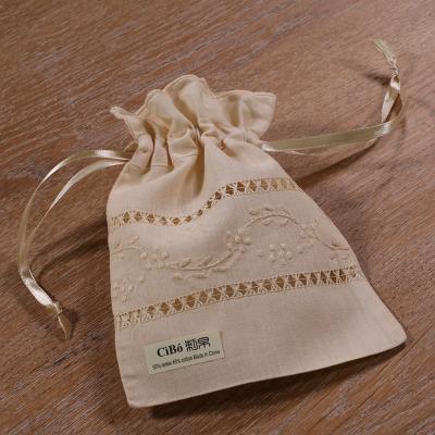 China Gift B009: Beige Ramie Cotton Hand Embroidery Gift Bags Sachet Bags Travel Pouch Drawstring Canvas Bag for sale