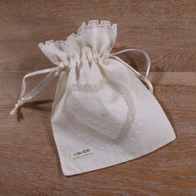 China Hand drawn beige embroidery cotton gift B020 ramie work items gift storage bags travel drawstring bags for sale