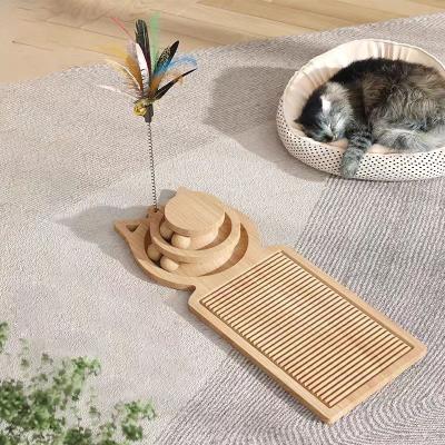 China Spinning Quill Viable Toy Wooden Cat Scratching Disc Puzzle Post with Funny Cat Stick for sale