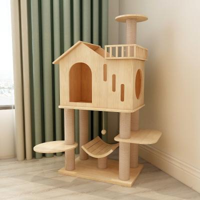 China Factory Direct Sales Fashion Sustainable Large Scratch Panel Interactive Climbing Wooden Frame Cat Tree Houses for sale