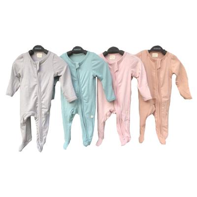 China Baby Long Zipper Casual Bamboo Romper Candy Color Simple Ruffle Fabric Footie Pajamas for sale