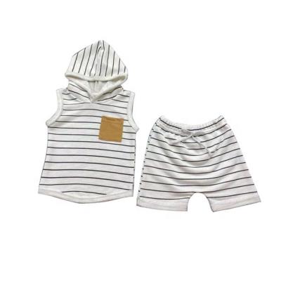 China RTS Sale Baby Boy Breathable Warm Striped Cotton Sleeveless Hoodie And Pant Summer Short Set for sale