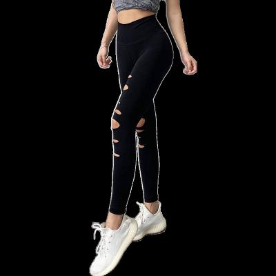 China High quality women's breathable classic integral pants elastic hole tightly ripped high stretch yoga JEANS gaiters waist seamless panties for sale