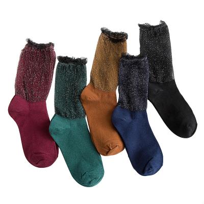 China Women Crew Cotton Antibacterial Custom Socks Knitted Lurex Lace Tulle Blingbling Socks for sale