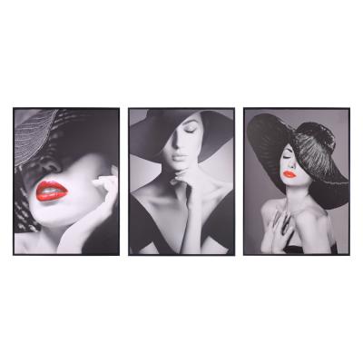 China Modern Modern Canvas Art Women Portrait Black White Decor 3 Panels Painting Framed Canvas Prints for sale