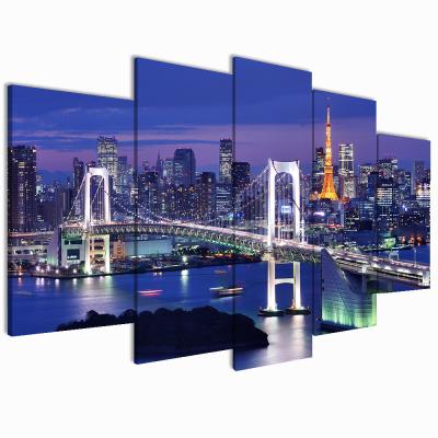 China Personalized Customization 5 Panels Living Room Decoration Modern City Night Landscape Paintings Framed Canvas Prints With Inner Frame for sale