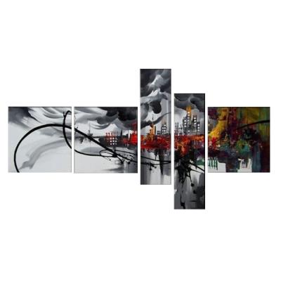 China 100% Handmade Abstract Black And White Cityscape 5 Panels Picture Paintings For Home Decoration for sale