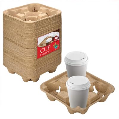 China Biodegradable Disposable Coffee Tea Beverage Bagasse Bagasse Carry Tray Biodegradable Cup Holder for 2/4 Cup for sale