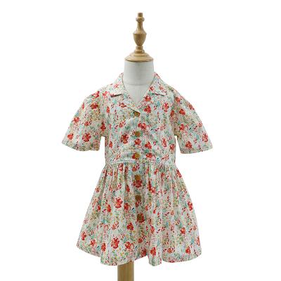 China Sweet Customized Unique Design Summer Floral Lapel Dress Single Breasted Cotton Dress Kids Dress for sale