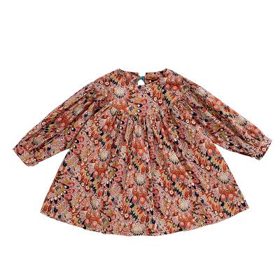 China C1047 Breathable / Girls Feather Pattern Dress Lantern Sleeve Printed Red Peacock Girl Dress In Retro Style for sale