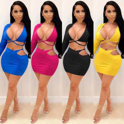 China New Autumn X3684 Breathable designer outfits fashionable women solid sexy 2 piece set clothing cross tie bodycon dress women for sale