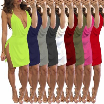 China Latest design BK1702 breathable halter lace up summer backless slit dress solid color women dresses sexy v neck women dress for sale