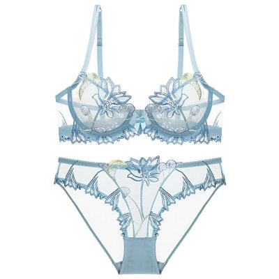 China 2022 Sexy Underwear Mesh Lace Embroidered Micro Sheer Micro Bikini Lingerie Bra Panties Set For Girls for sale