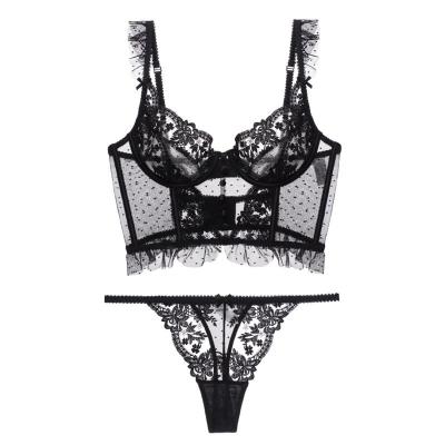 China High quality black sexy bralette women lingerie sexy underwear back through yarn embroidered transparent tight lace bra panty set for sale