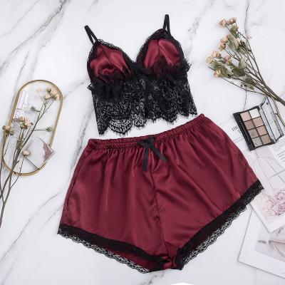 China Breathable Sexy Lingerie Women Lace Up Bow Silk Sleepwear Summer Cutout Underwear 2Pcs Set Female Shorts Lingerie Pajamas Set for sale