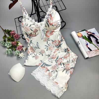 China Summer Breathable Sexy Nightgowns Lace Shorts Lingerie Sleepwear Nightgown Women Sleeveless Flower Printing Pajamas Set for sale