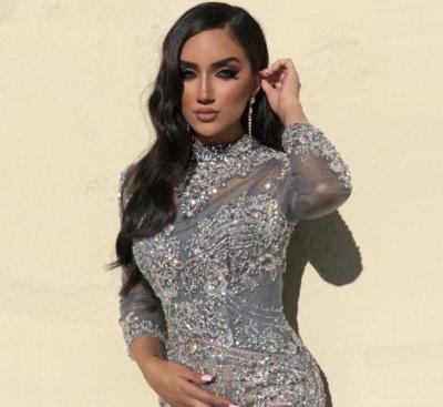 China Wholesale Gray High Neck Long Sleeve Viable Sheath Beaded Lace Muslim Prom Dress for sale