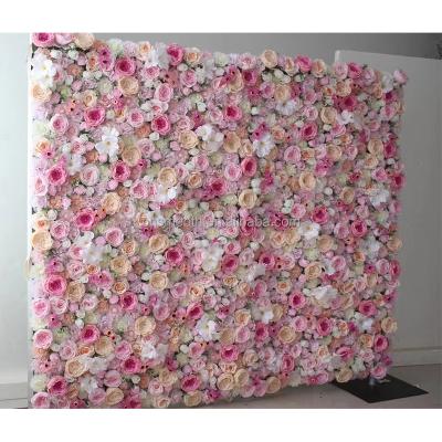 China Wedding Party Event Decoration 3D Roll Up Fabric Curtain Back Artificial Pink Silk Flower Wall To Wedding Backdrop for sale