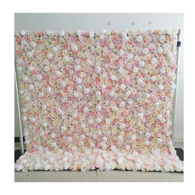 China Wedding Event 3D Effect Roll Up Wedding Decoration Artificial Silk Fabric Rose Flower Wall Panel Backdrop for sale