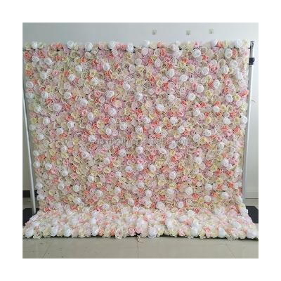 China Wedding Party Event Decoration Smooth 3D Fabric Back Roll Up Artificial Flower Wall Curtain For Wedding Decoration for sale