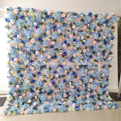 China 8ft Banquet 3d 8ft Luxury Light Blue Artificial Flower Wall Rose Hydrangea Flower Wall for sale