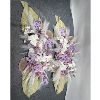 China Wedding Party Event Decoration Elegant Purple Silk Floral Backdrop Artificial Palm Decorated Wedding Arch Flower for sale