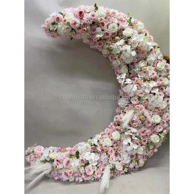 China Easy Decorative Wedding Pale Roses Flower Decor Arrangement Moon Shape Arch Artificial Flower Panels Wall for sale