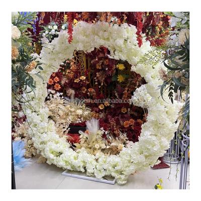 China Easy Decorative Cherry Blossom Wedding Arch Flower White Round Flower Backdrop With Metal Frame for sale