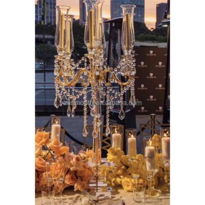 China Wedding Candelabra Tall Crystal Candle Holder With Hanging Acrylic Glass Crystal Drops Gold Metal Weddings for sale