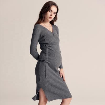 China Breathable Hot Sale Sexy V-Neck Knitted Side Split Design Baby Shower Dress Pregnancy Clothes for sale