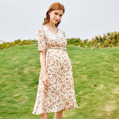 China Summer V-Neck Breathable Short Sheath Dress Pregnancy Floral Print Casual Maternity Dress Outdoor Women for sale