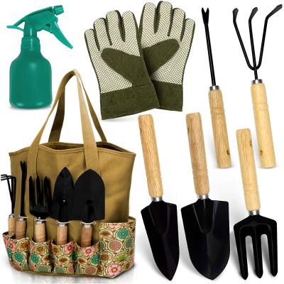 China Pastoral Garden Tools Suit With Handle Printing Garden Tool Suit Gift Stainless Steel Wooden Garden Tools for sale