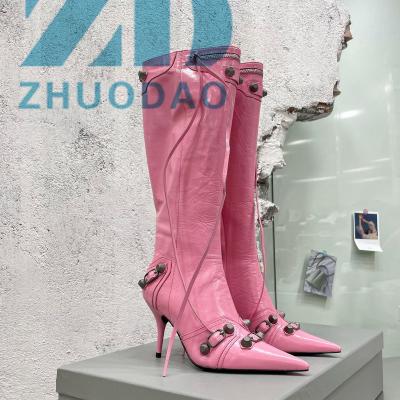 China Wholesale Deodorization Brand Fashion Design Boots Shoes Pointed Toe Rivets Buckle Knee High Boots High Heel For Women Zipper Custom Shoes for sale