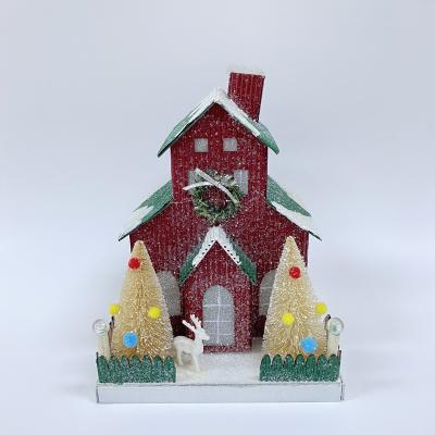 China Christmas Decoration Home Decoration Ornaments New 2022 Hot Sale For Handcraft Christmas Cardboard Paper House Villa Garden Red Green Elk With Battery Slot for sale