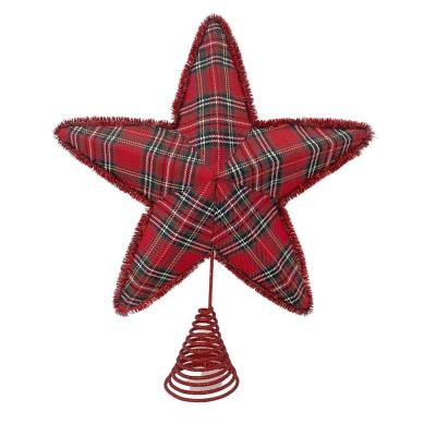 China 2022 Classic Hot Style Plaid Fabric Red Ribbon Foam Three-Dimensional Christmas Tree Top Star 14Inch for sale