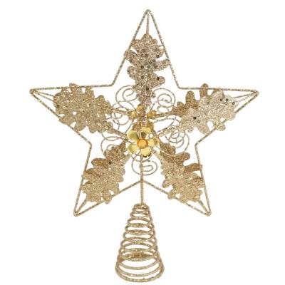 China Christmas Gift Popular Factory Direct Sales 12 Inches Top 3D Star Pentagon Iron Metal Flower Gemstone Gold Powder Christmas Tree Gold Star Decoration for sale