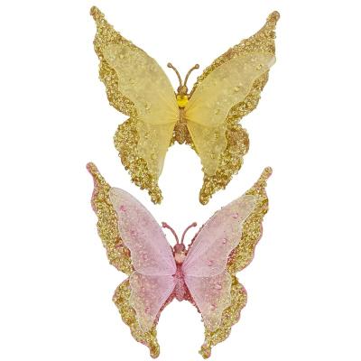 China New Hot Sale 8Inch/6Inch Gem Sequin Gold Pink Plastic Christamas Tree Decoration Shining Butterfly Decoration Christmas Tree Double Layer Design With Clip for sale