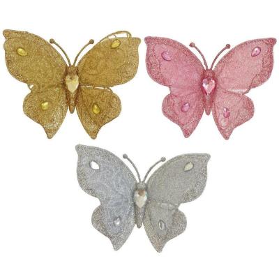 China 2022 6.5Inch Three-color Gold Powder Gemstone Butterfly Plastic European Hot-selling Three-Dimensional Decoration Cut On The Tree for sale