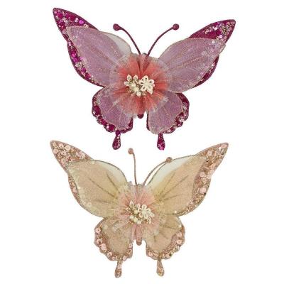 China Plastic Christmas Day Decoratiom 2022 New Design 9Inch Double-Layer Design Flower Butterfly Pearl Glitter Decorated Christmas Tree Pink With Clip for sale