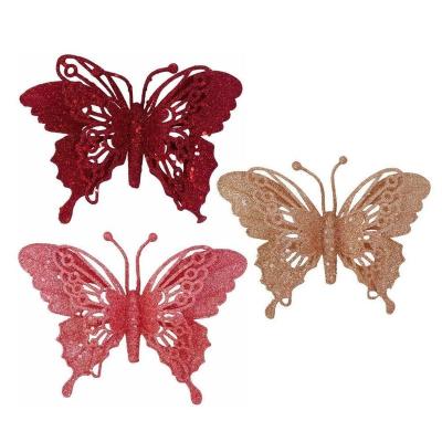 China 2022 European hot sale festival party home decoration 7 inch gold powder lace double layer design plastic butterfly ornament with clip for sale