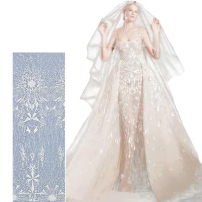 China Sustainable European Exquisite Romantic Design Lace Beaded Mesh Sequin Tulle Fabric For Wedding Dress for sale