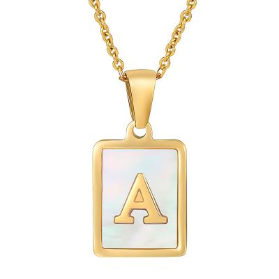 China TRENDY Custom 18k Gold Plated Square White Shell Necklace Fashion Letter A-Z Alphabet Initial Stainless Steel Necklace for Women for sale