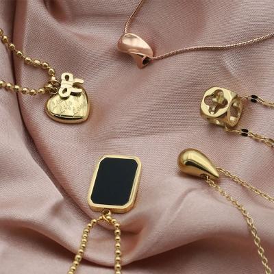 China TRENDY No Fade Stainless Steel Beads Chain Tags Pendant Necklace Chic Geometric Black Tags Charm Necklace for sale